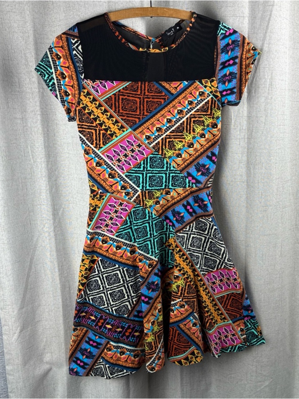 Geometric Tribal Dress Mesh Mini Skater M Turquoise Blue Black Festival Stretch